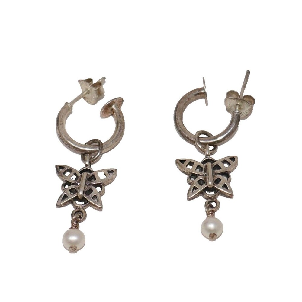 SX 925 Thailand Butterfly & Faux Pearl Dangle Earrings